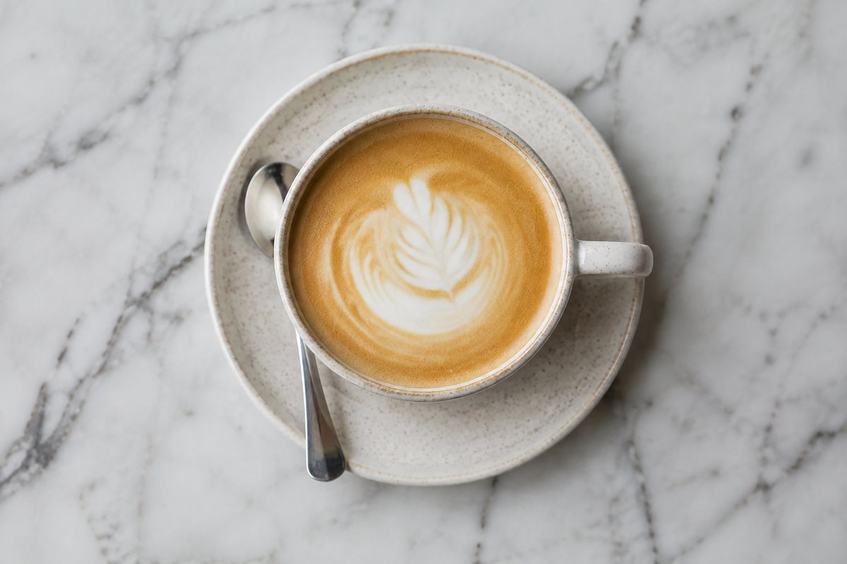 Pandangan dari atas sebuah flat white dalam cawan seramik di atas piring bersama sudu kecil pada permukaan marmar