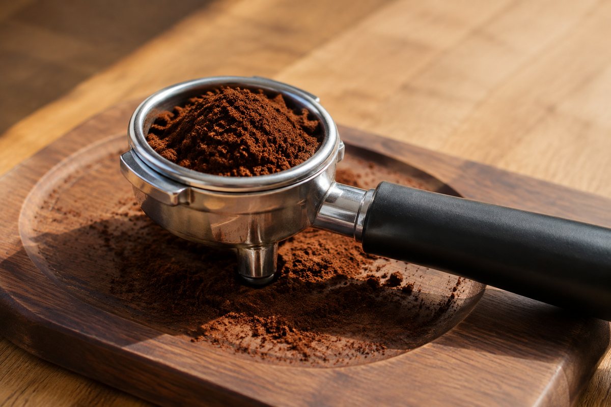 Penapis kopi berisi serbuk halus terletak di atas tikar kayu dengan serbuk bertaburan di sekelilingnya