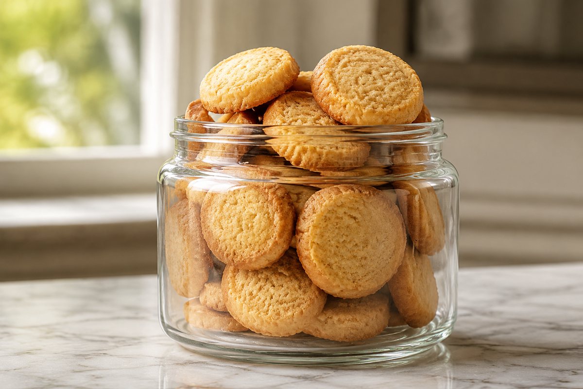 Biskut mentega bulat dalam balang kaca jernih di atas kaunter