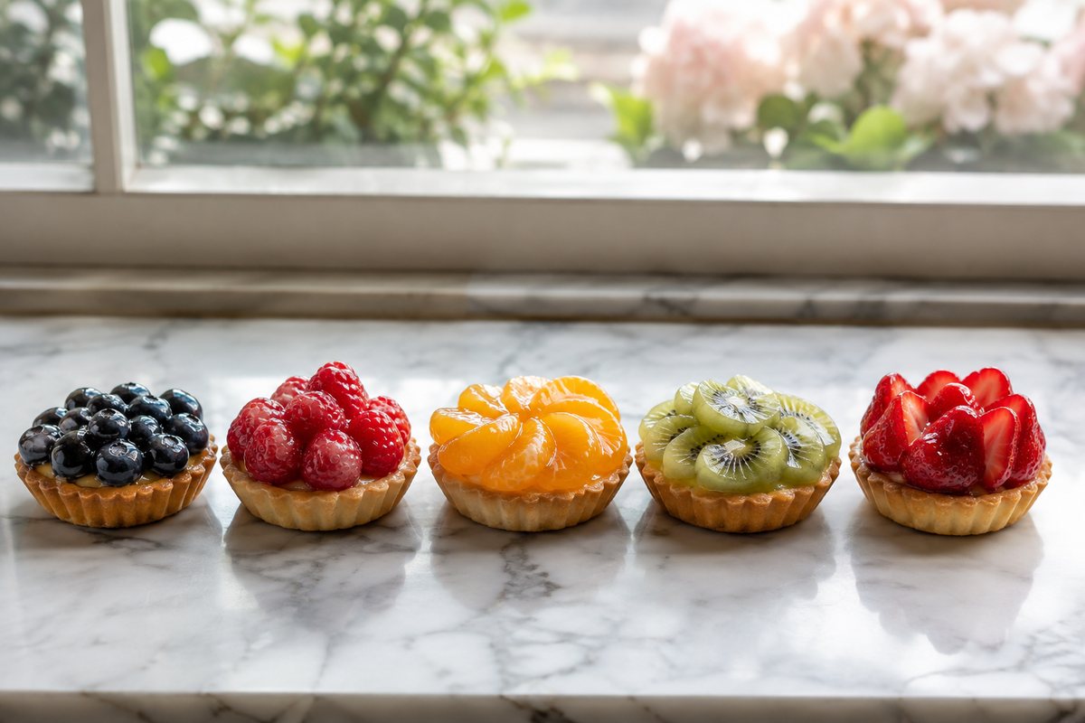 Deretan tart buah kecil bersalut kilat di atas kaunter marmar